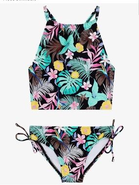 Kanu Surf Black Tropical Floral High-Neck Two-Piece Bikini